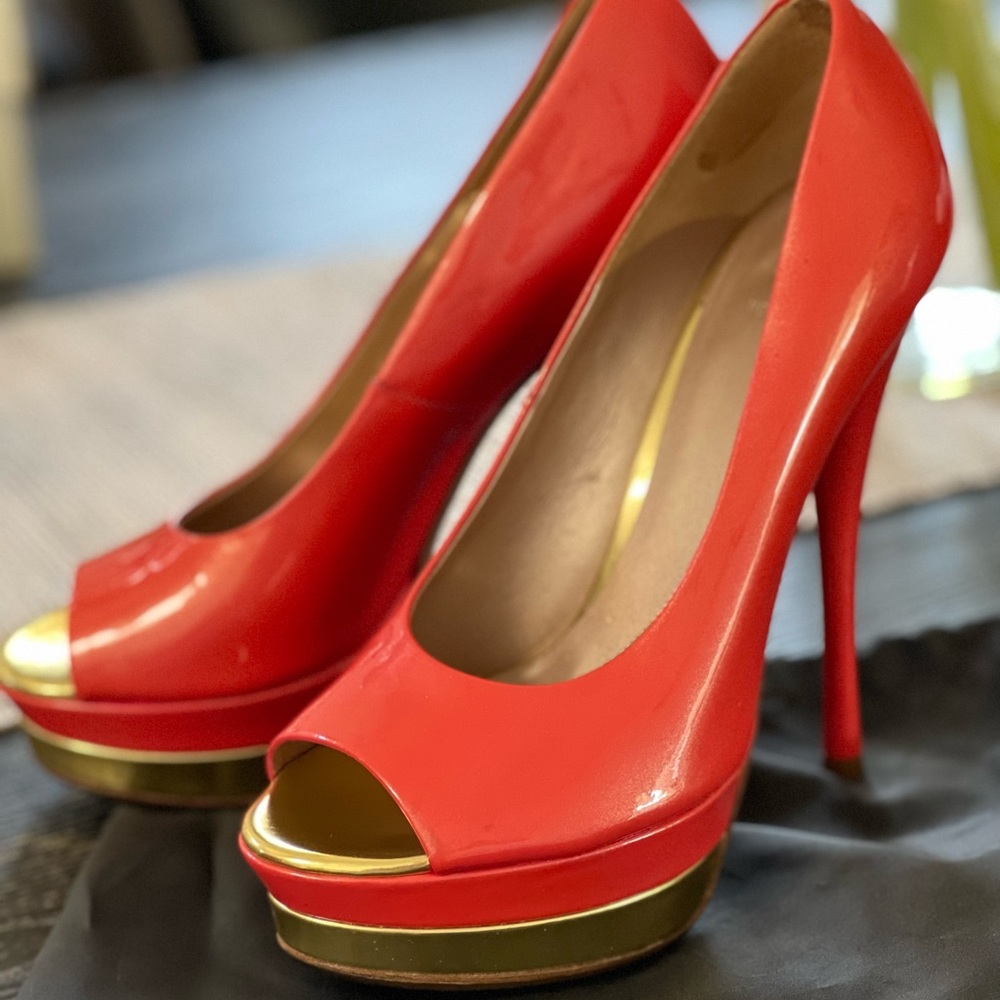 Coral and gold Versace peep toe heels